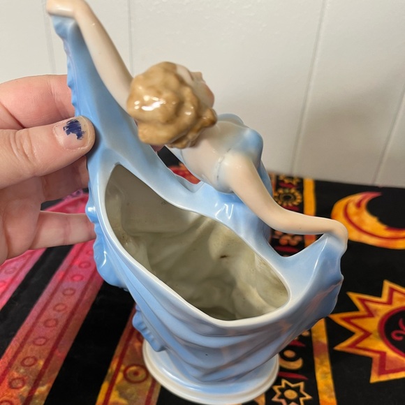 Vintage Germany Porcelain Blue Dancing Lady Woman Vase Planter - Picture 8 of 10